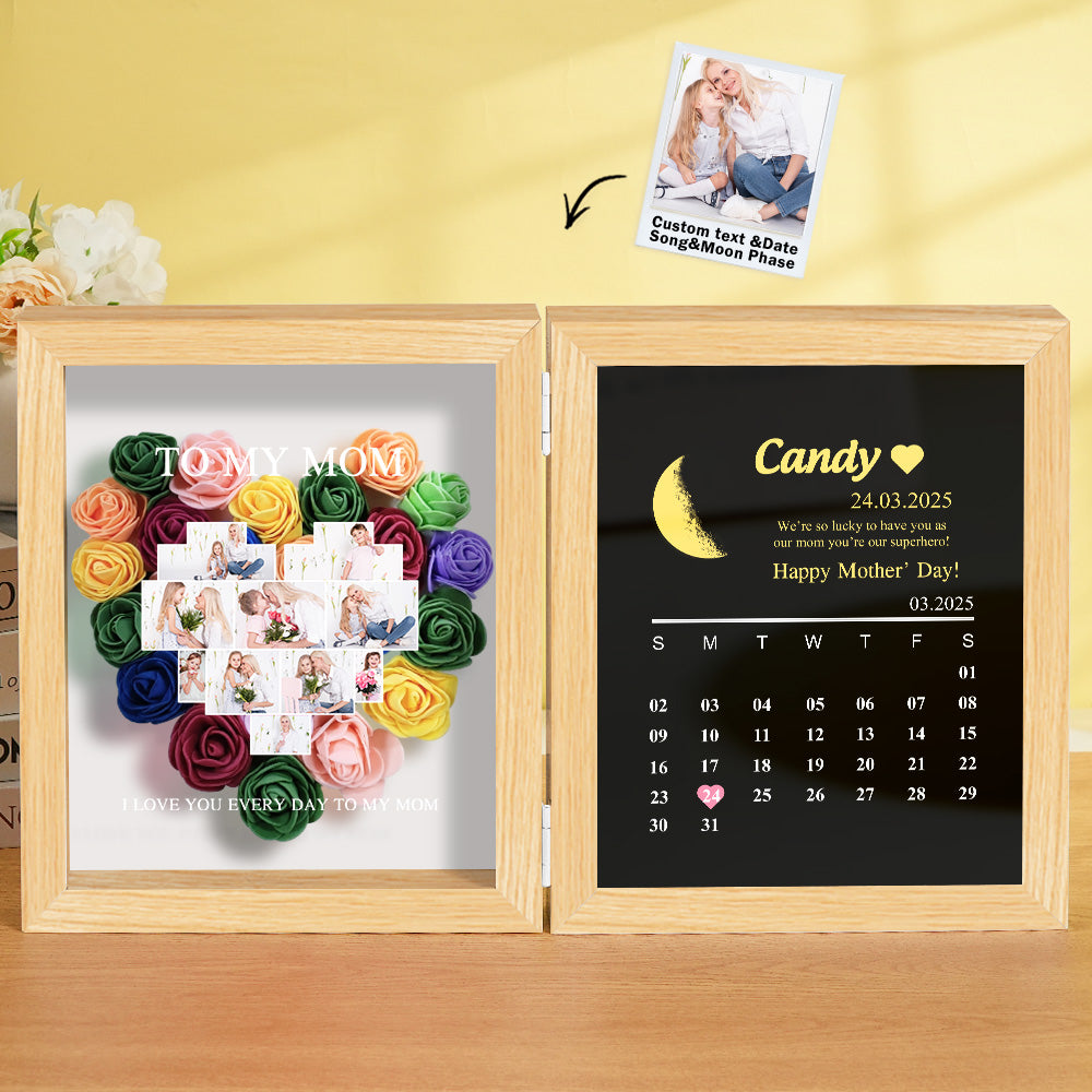 Personalized Flower Shadow Box with Moon Phase Calendar Hearts Flower Box Mother's Day Gift for Mom