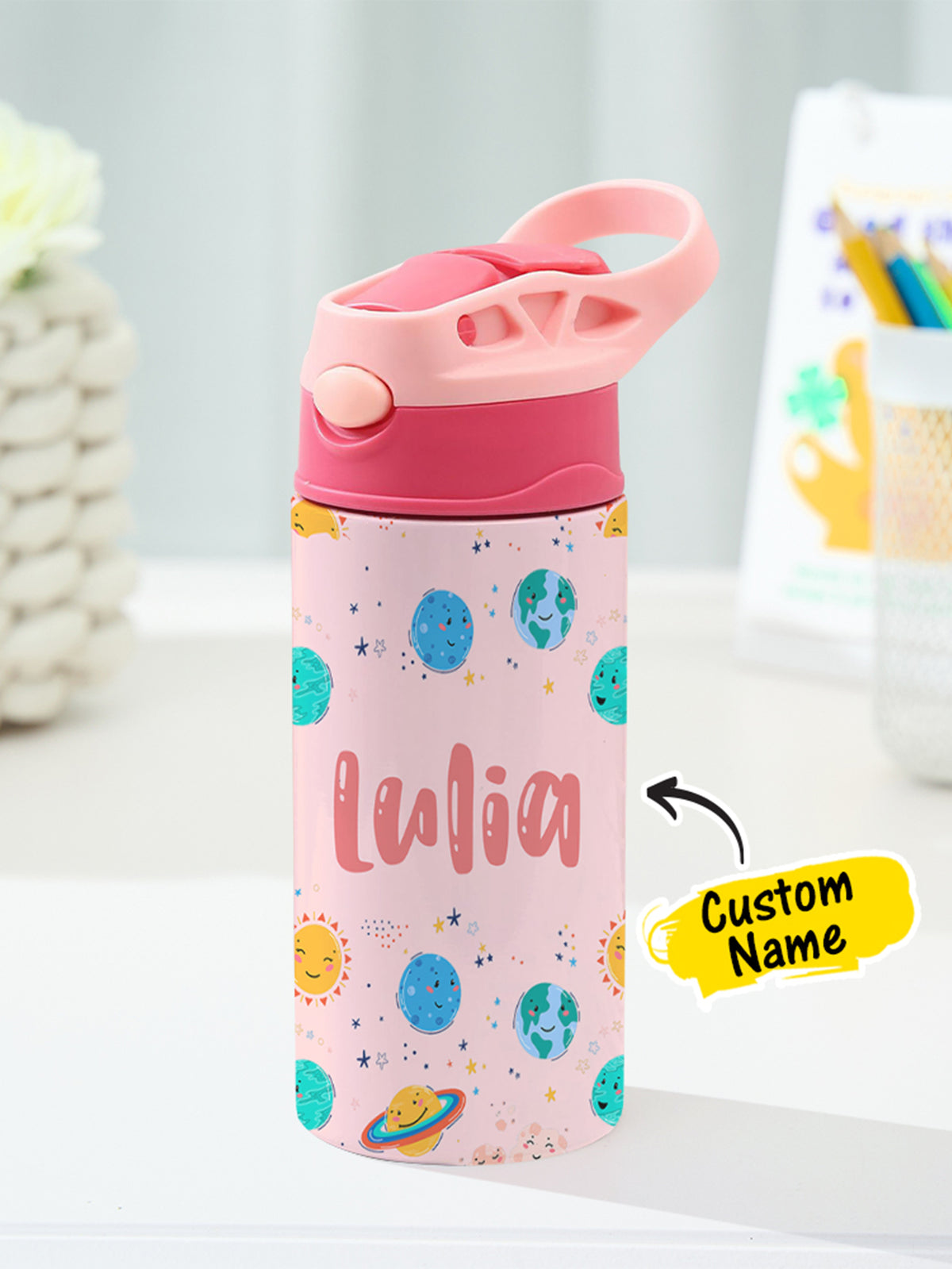 Personalized Name Cartoon Planets Stainless Steel Tumbler – 350ML Insulated Cup with Custom Design