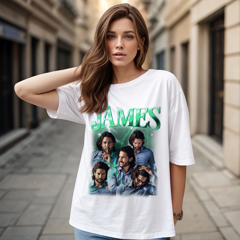Custom Photo Vintage Tee Personalized Name T-shirt Couple Gifts White