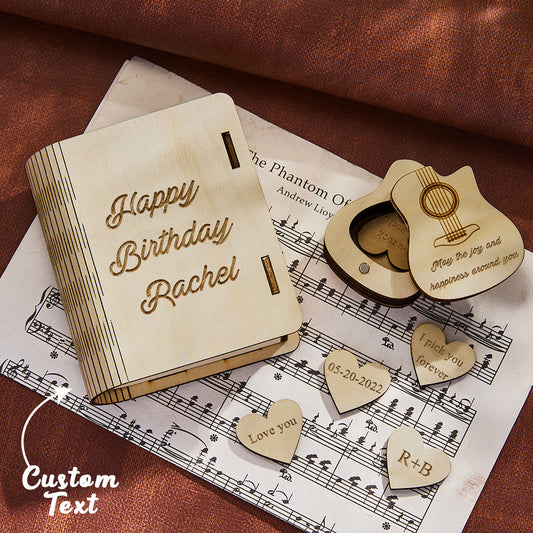 Custom Heart Guitar Picks with Guitar Shaped Box Personalized Wooden Box Valentine's Day Gifts