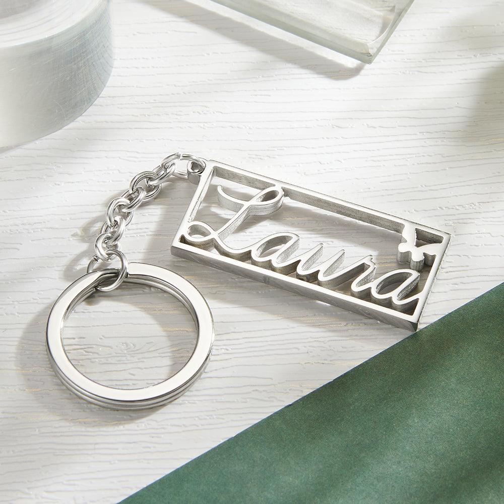 Personalized Name Rectangle Border Keychain Custom Text Stainless Steel Key Holder Creative Gifts for Him