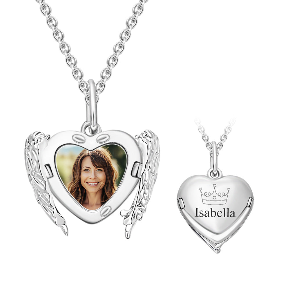 Custom Engraved Locket Necklace Angel Wings Pattern Gift for Her