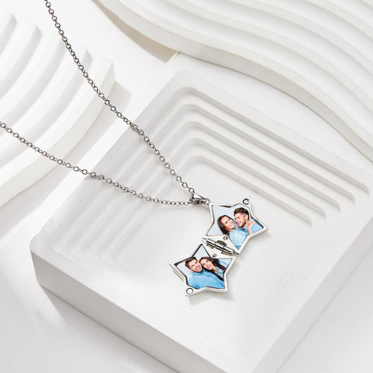 Star Locket Photo Necklace Personalized Engraved Memorial Picture Pendant Gift For Her