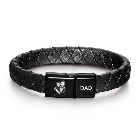 Custom Photo Engraved Bracelet Men's Bracelet Leather Father's Day Gift