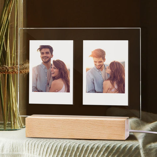 Personalized Acrylic Double Photo Lamp Yellow Warm Lights Perfect Night Light Gift for Couples On Valentine's Day