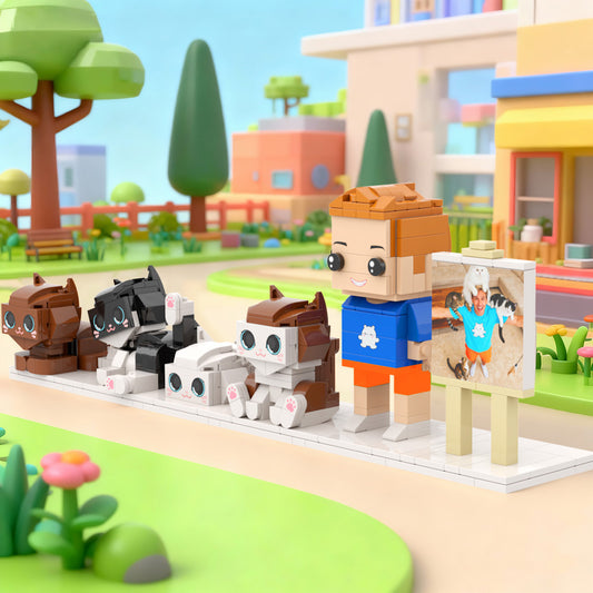 Custom Full-Body Brick Figures of 1 Person and 4 Cats with Frame Personalized Anniversary Gift Birthday Gift