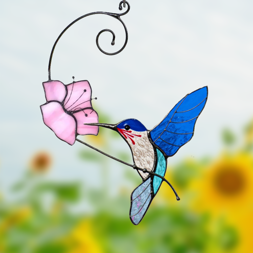 Bluebird with Flower Glass Suncatcher – Elegant Hanging Decoration