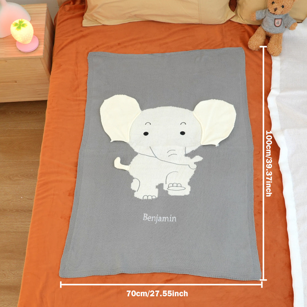 Personalized Baby Blanket Knitting Blanket Grey Elephant with Name Gift for Baby