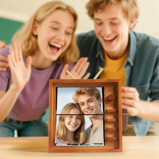 (16*16cm Large Size) Custom Photo Hand-cranked Flipbook Frame Vertical Television Animation Machine Photo Album with Light Memorial Gift