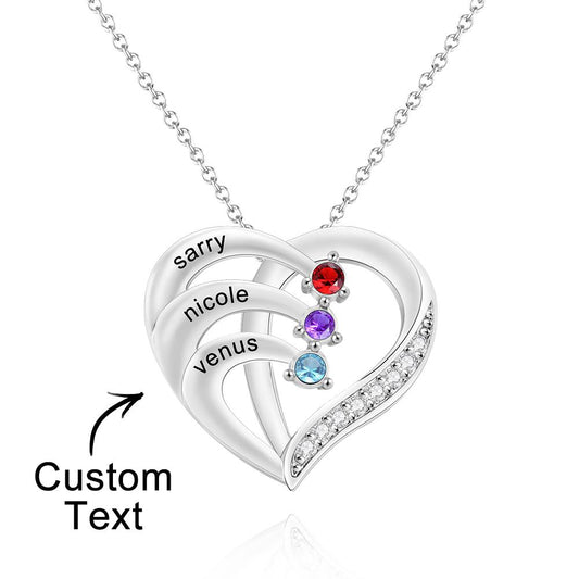 Engraved 2-4 Names Heart Shaped Necklace With Birthstone
