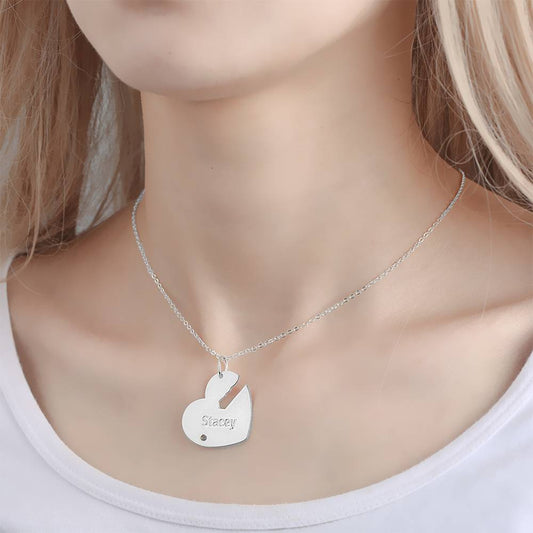 Custom Birthstone Engraved Name Couple Necklace with Heart and Key Silver
