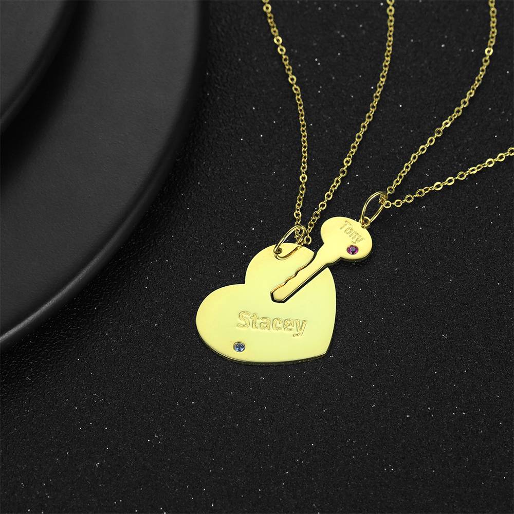 Custom Birthstone Engraved Name Couple Necklace with Heart and Key Silver