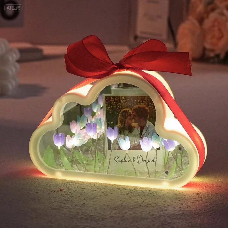 Custom Photo Cloud-shaped Tulip Rectangle Lamp Flower Infinity Mirror Box Infinity Mirror Flower with Your Picture and Text DIY Kit
