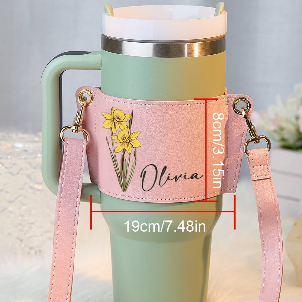 Personalized Birth Flower Water Bottle Carrier Bag for 40oz Stanley Tumbler with Adjustable Strap Gift for Her