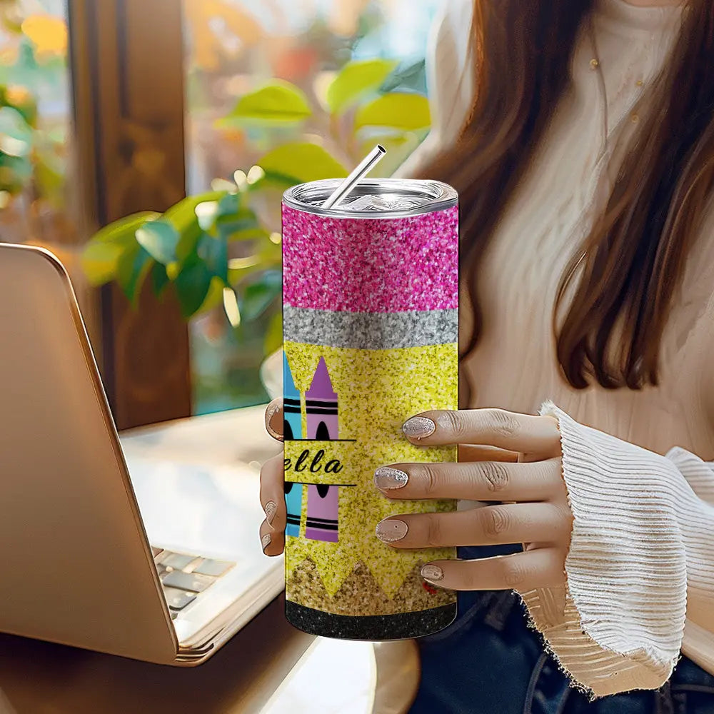 Personalized Glitter Apple 20oz Skinny Tumbler with Straw Back to School Appreciation Gift for Teacher