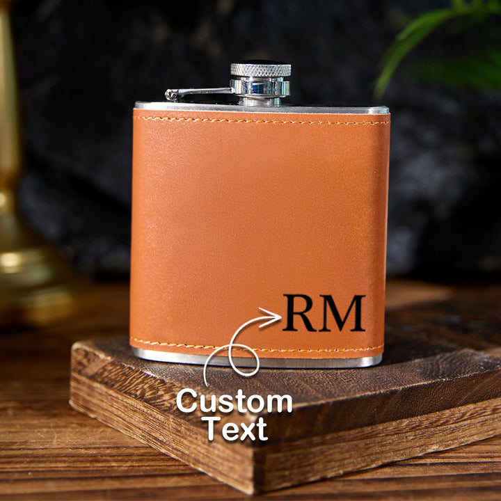 Personalized Men PU Leather Flask Stainless Steel 6oz Whiskey Flask Gift for Him