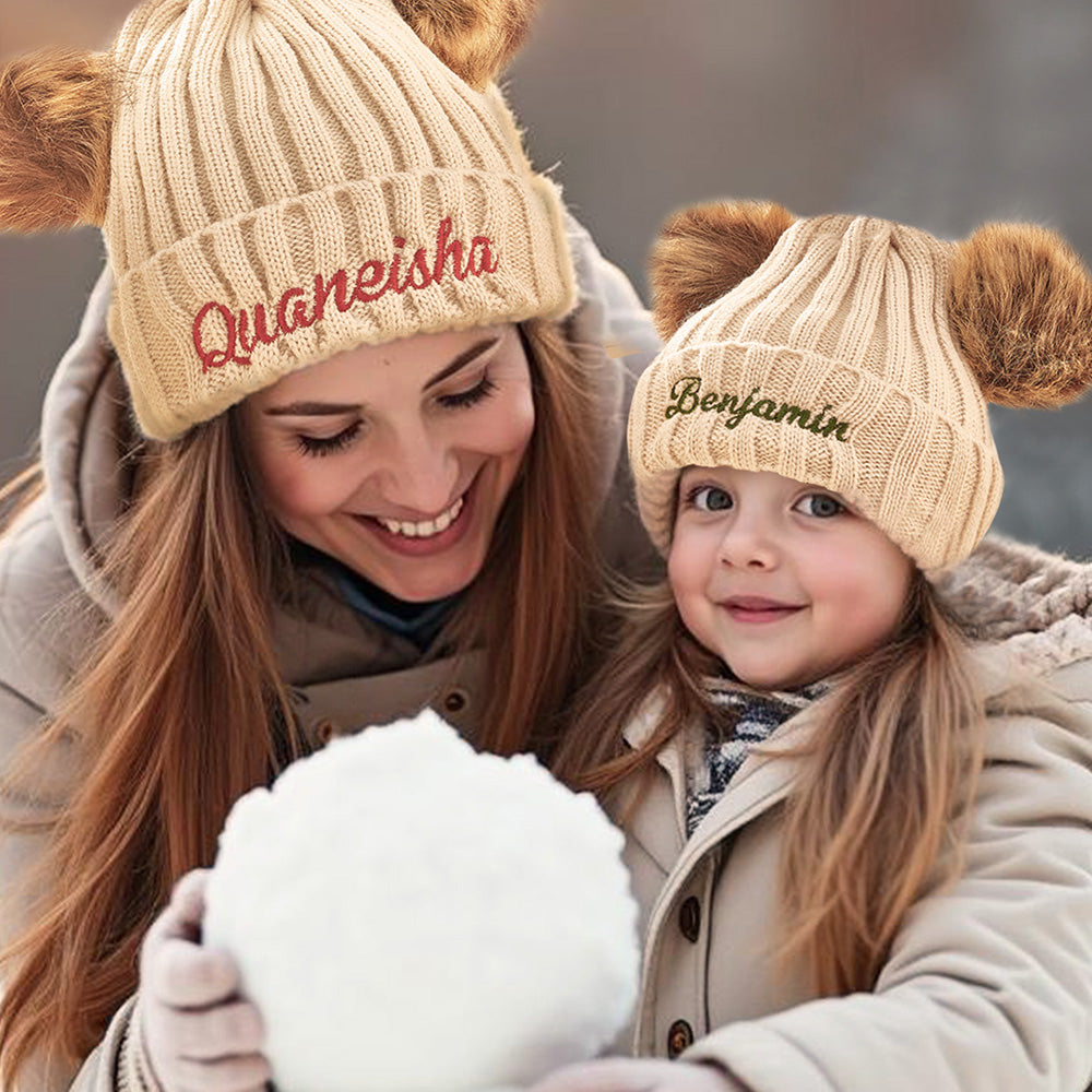 Personalized Mom and Baby Warm Beanie Hats Cotton Knitted Parent-Child Hat with Embroidered Names