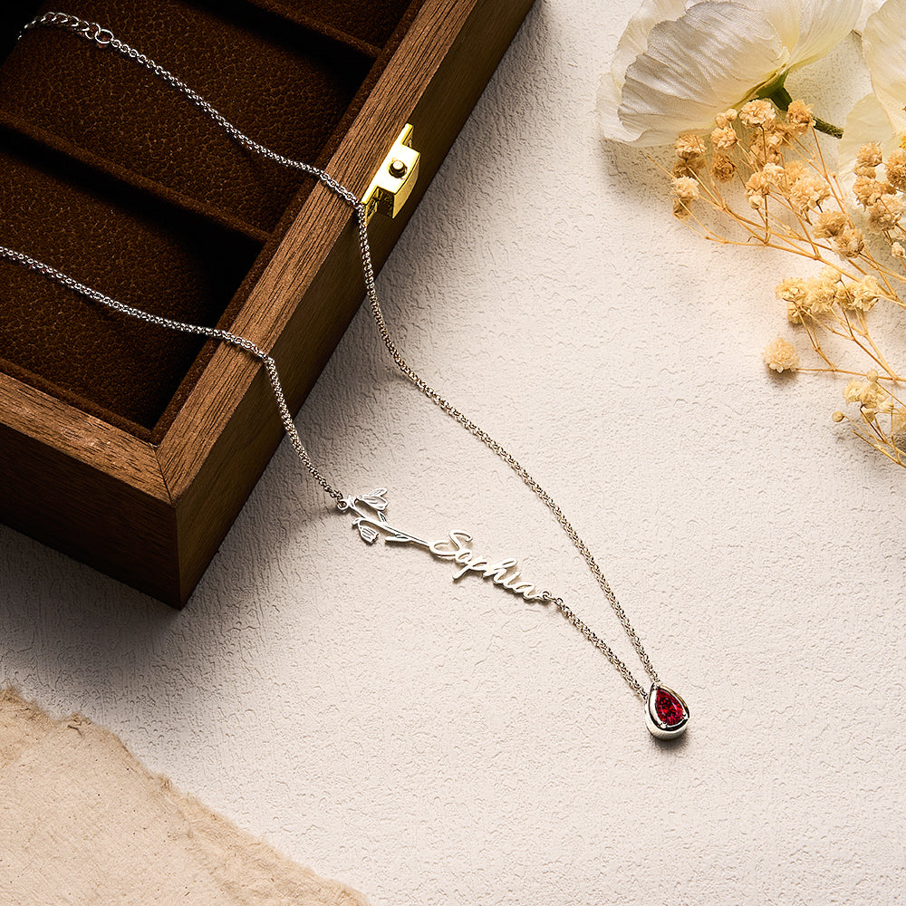 Personalized Birth Flower Birthstone Necklace with Name Necklace Jewelry Gift for Her