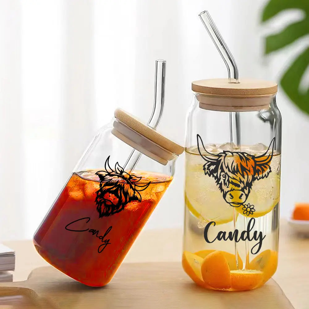 Personalized Highland Cow Tumbler with Name Clear Can Glass Gift for Highland Cow Lovers