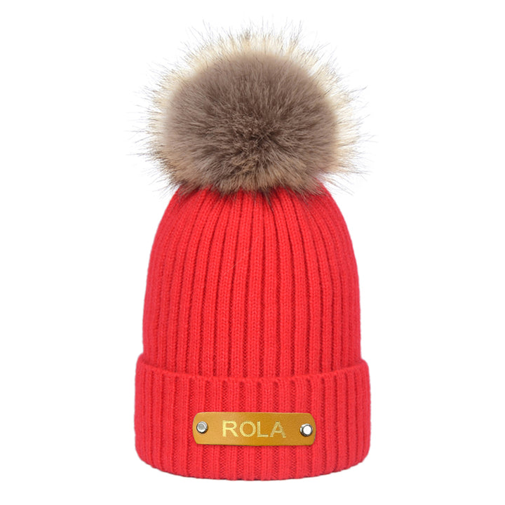 Personalized Leather Patch Beanie Custom Name Newborn Kids Winter Hat
