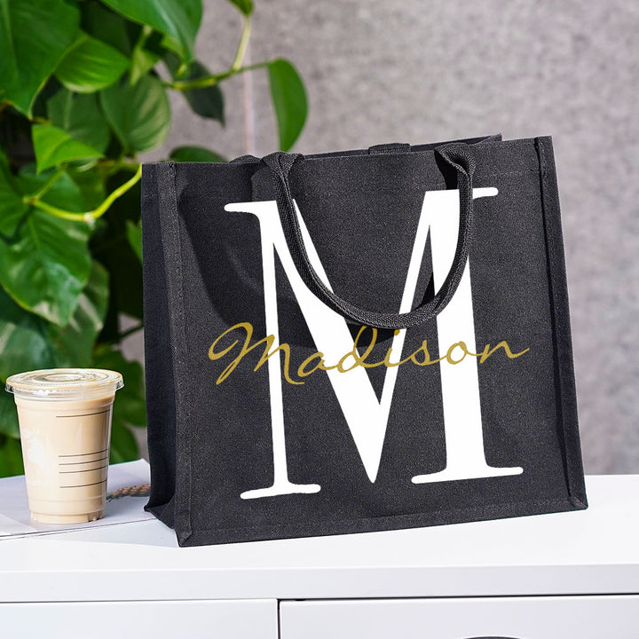 Personalized Black Canvas Bag with Name and Initial Birthday Wedding Party Gift for Women