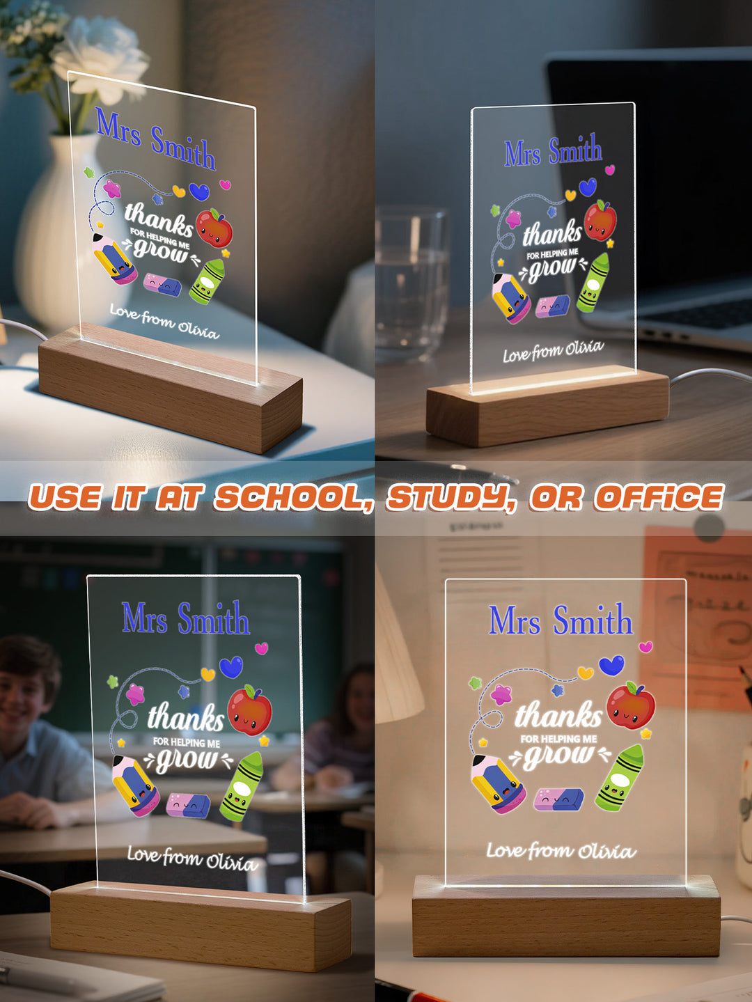 Custom Engraved Back to School Transparent Night Light with Pencil Design White Light Teacher's Day Gift