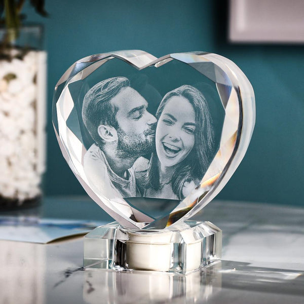 3D Laser Engraved Heart Crystal Photo Frame with Light Up LED Base