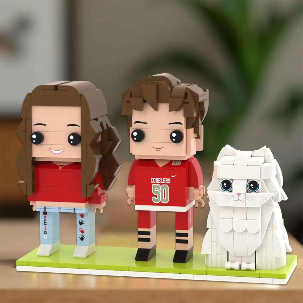 Full Body Customizable 2 People Brick Figures Personalized Brick Figures with Cat Small Particle Block Toy