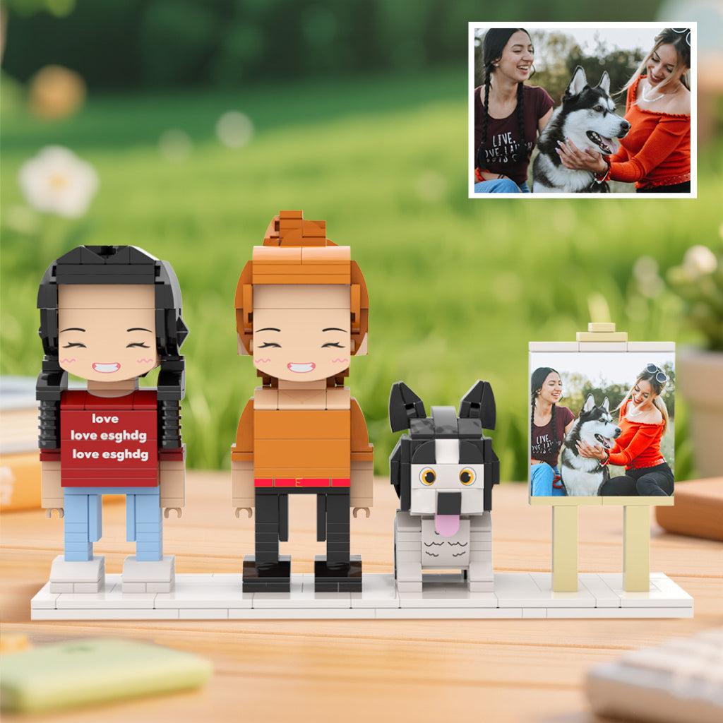 Custom Full-Body Cute Brick Figures of 2 People and Dog with Frame Personalized Anniversary Gift Birthday Gift