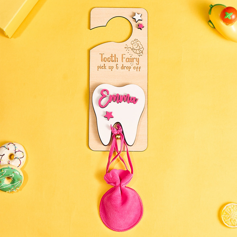 Personalized Tooth Fairy Door Hanger with Money Slot and Velvet Pouch Birthday Gift for Kids