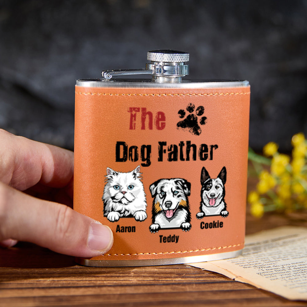 Personalized PU Leather Flask Stainless Steel 6oz Whiskey Flask Gift for Pet Lover