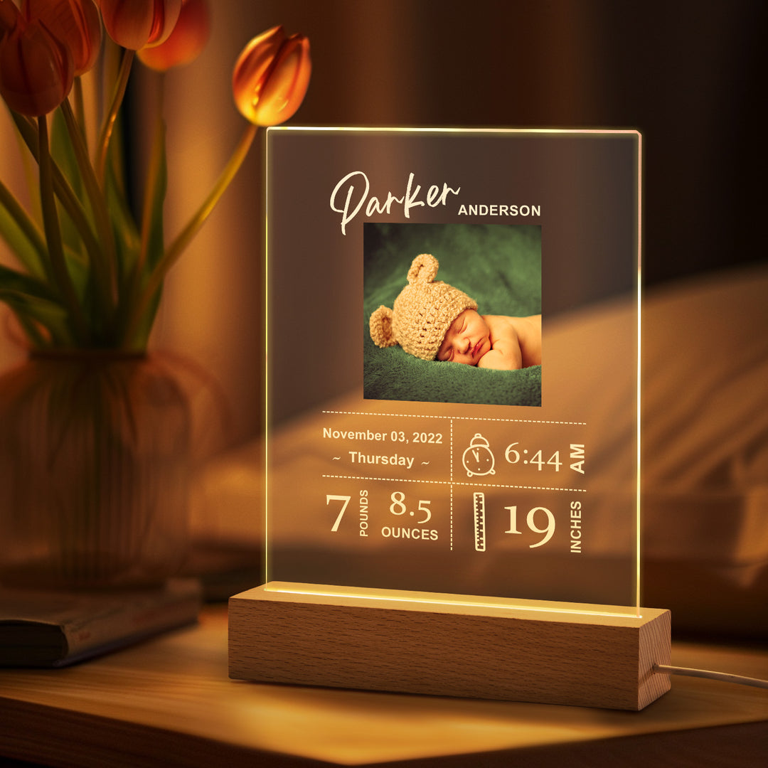 Custom Baby Birth Info Night Light – Personalized Photo Acrylic Lamp Newborn Keepsake Gift & Home Decor