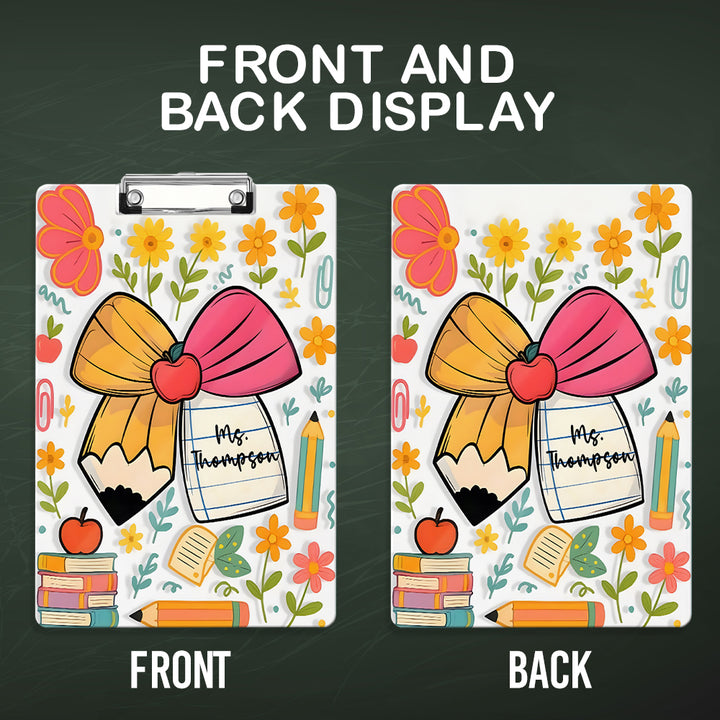 Custom Text Name Folder with Flower, Pencil & Bow Design – Teacher's Day & Back to School Gift