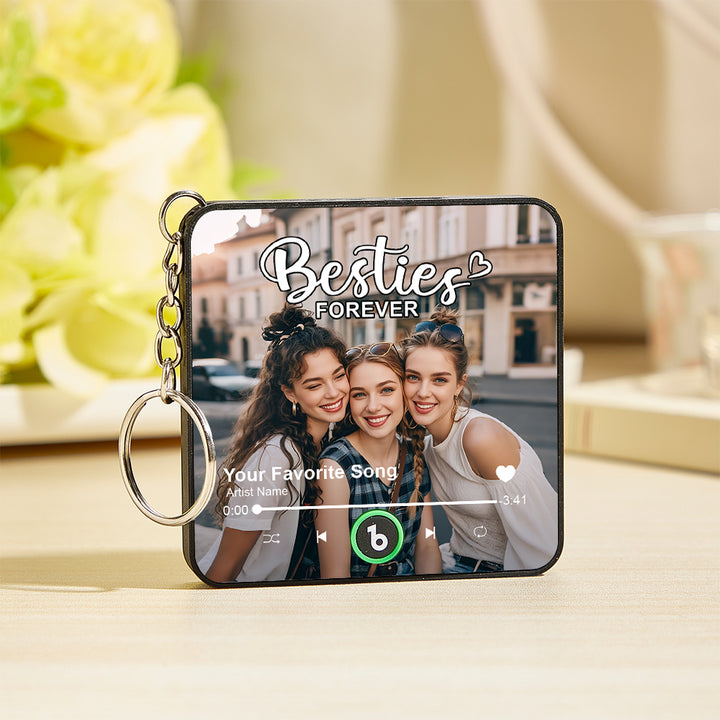 FridgeBeats Custom Photo Besties Theme Music Keychain Music Box Bag Charm That Plays Music Without Cell Phone Best Gift for Friends