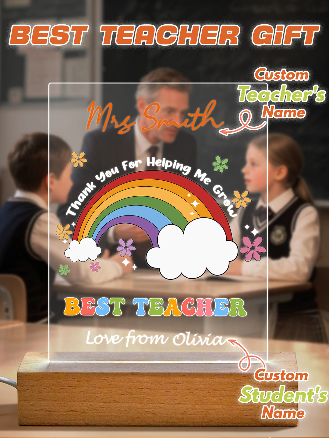 Custom Name Back to School Transparent Night Light with Rainbow Design White Light Teacher's Day Gift