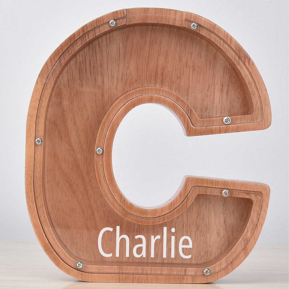 Custom Engraved Name Oak Wooden Letter Piggy Bank
