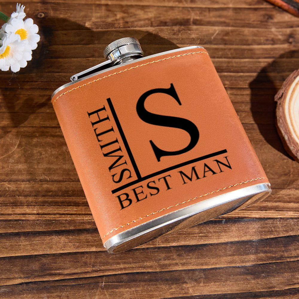 Personalized Name PU Leather Flask Stainless Steel 6oz Whiskey Flask Gift for Men