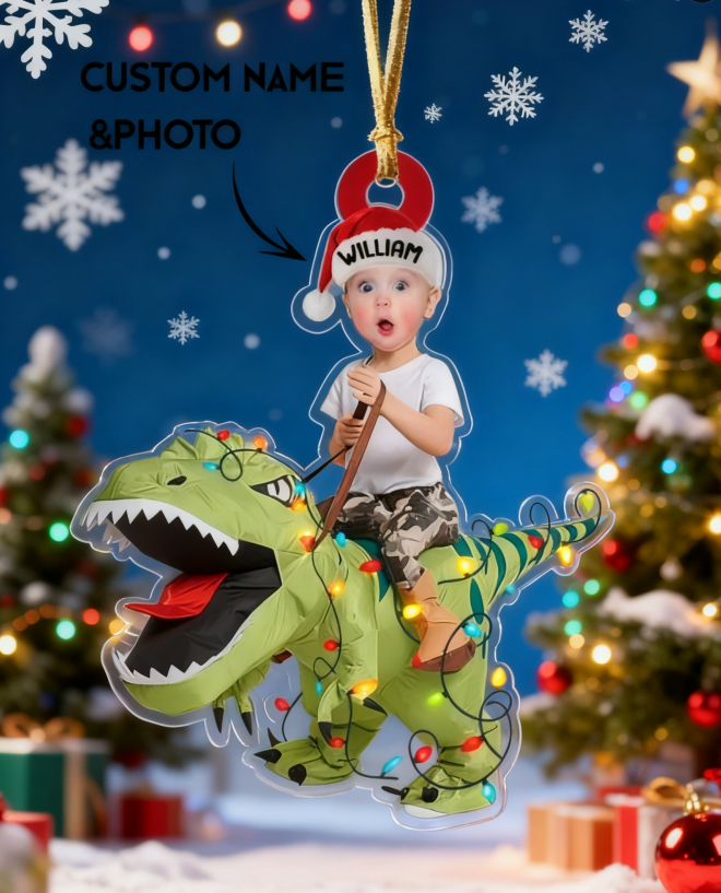 Custom Face & Name Dinosaur Christmas Ornament – Personalized Christmas Gift for Kids