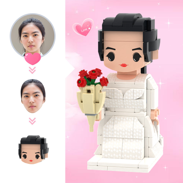 Custom Cute Head Brick Figures Personalized 1 People Brick Figures Bride with Roses Brick Figures