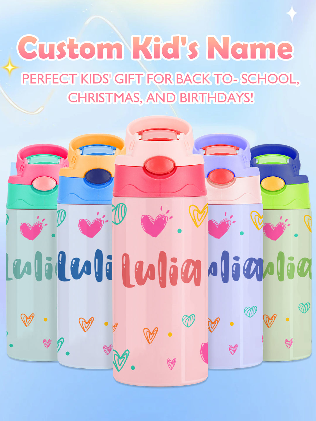 Custom Name Heart Stainless Steel Water Cup Children's Day Gift for Kids