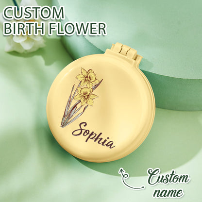 Personalized Cushion Mirror Comb Birth Flower Foldable Mirror with Hair Brushes Gift for Her