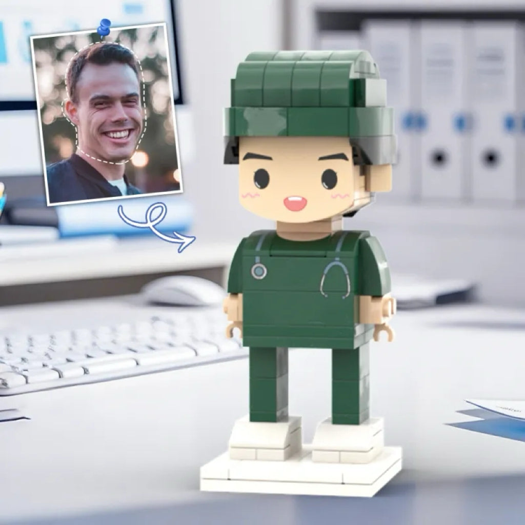 Personalized Head Custom Text Brick Figures Wearing Green Uniform Doctor's Day Gift Career Gift