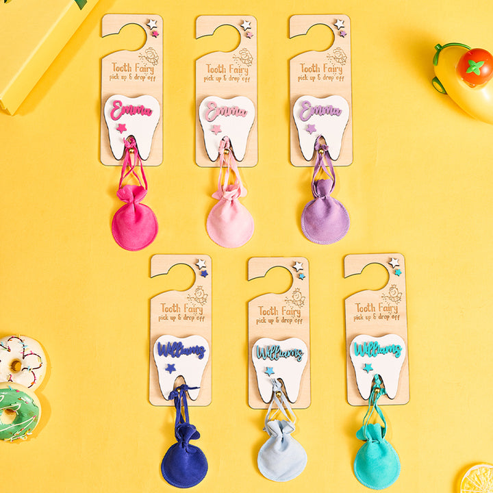 Personalized Tooth Fairy Door Hanger with Money Slot and Velvet Pouch Birthday Gift for Kids