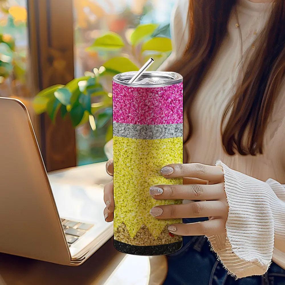 Personalized Glitter Apple 20oz Skinny Tumbler with Straw Back to School Appreciation Gift for Teacher