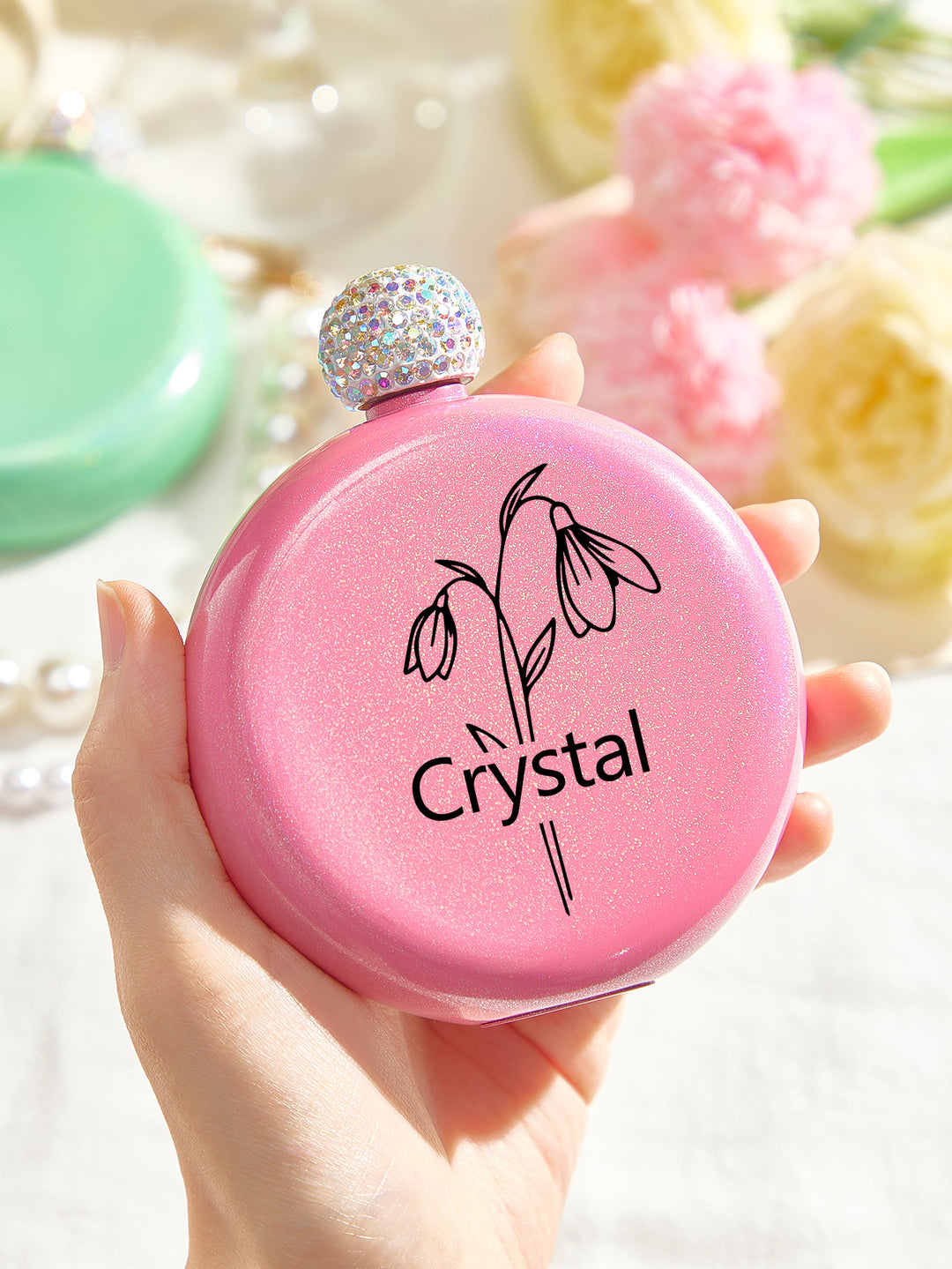 Personalized Birth Flower Round Flasks with Name 5oz Glitter Flask Wedding Birthday Gift for Her