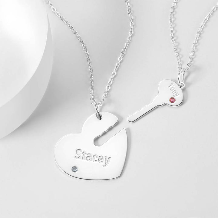 Custom Birthstone Engraved Name Couple Necklace with Heart and Key Silver