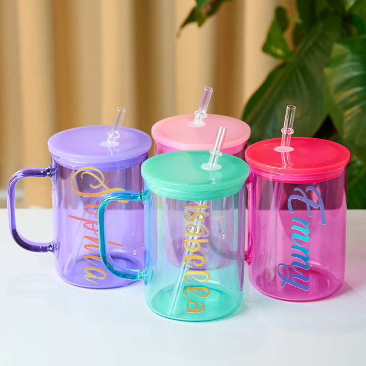 Personalized 15oz Glass Cup with Name Straw and Lid Birthday Gift for Her
