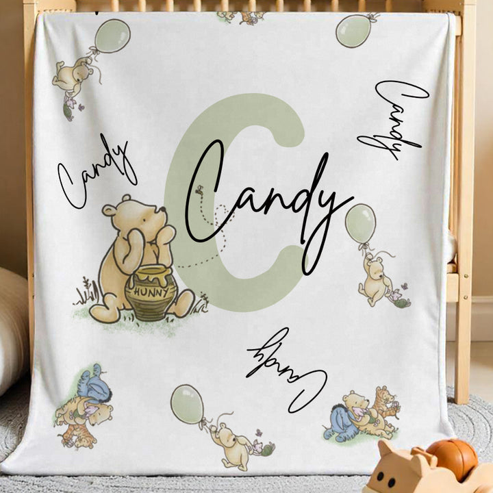 Personalized Winnie the Pooh Throw Blanket with Name Nursery Decor Birthday Baby Shower Gift for Kids