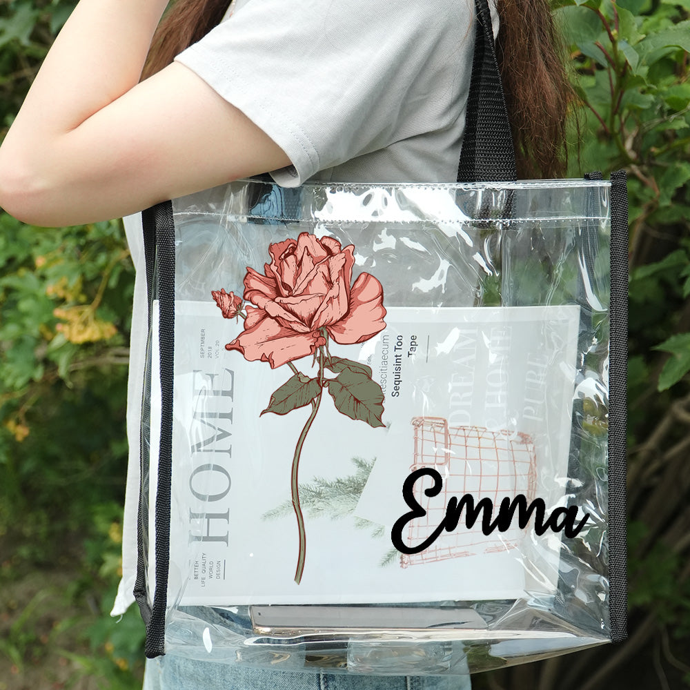 Personalized Waterproof Clear Tote Bag with Birth Flower Tote Bag Birthday Gift for Her