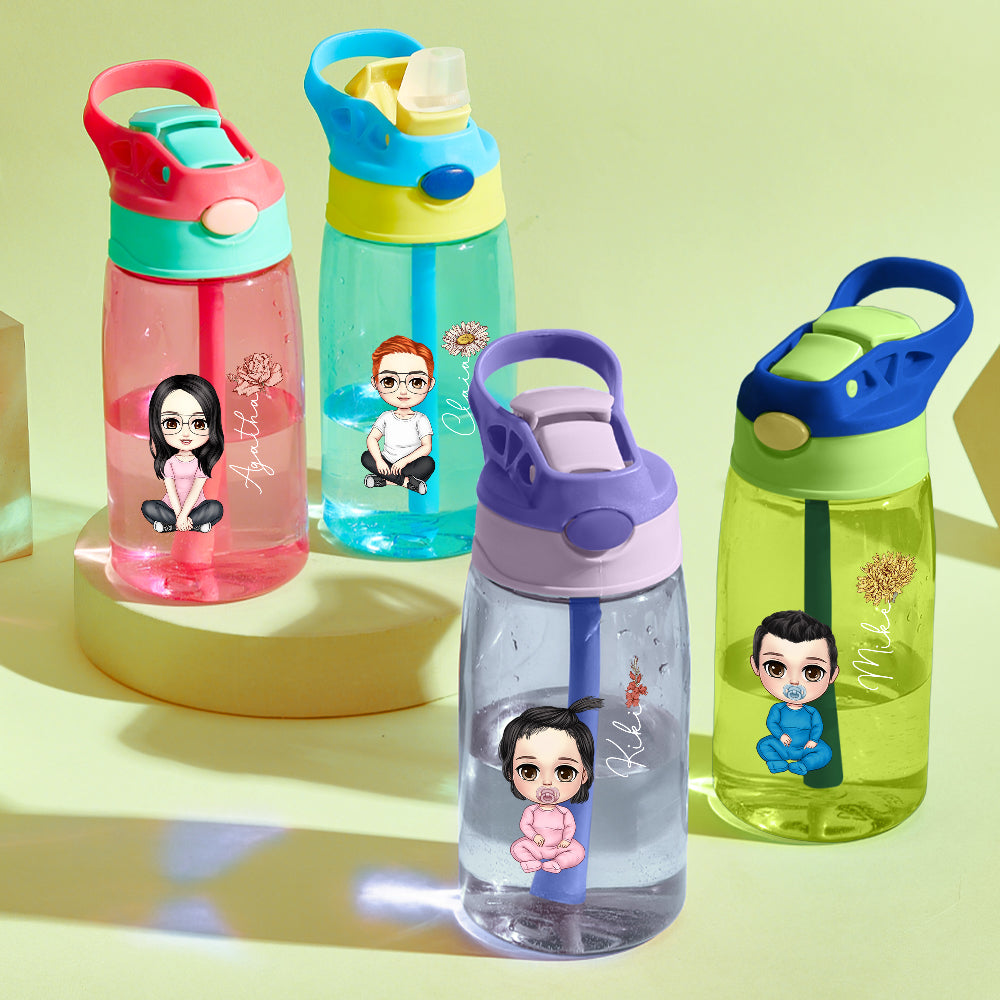 Personalized Cartoon Birth Flower Water Bottle with Straw 16oz Water Bottle Gift for Kids